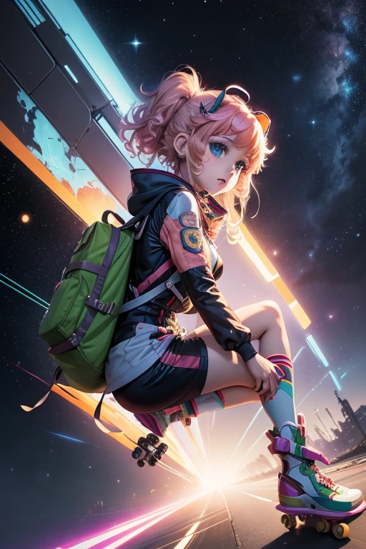 a cartoon image of a girl in a space suit riding a skateboard, macross delta splash art, official artwork, promo art, decora inspired illustrations, macross delta, dreamy psychedelic anime, promotional art, macross frontier splash art, android heroine, nanogirlv 2, official illustration, lofi girl, official artwork hdr, high detailed official artwork