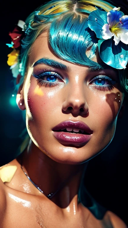 a close up of a woman with blue hair and a flower in her hair, makeup. unreal engine, wet shiny skin, slightly tanned, close up of a blonde woman, captivating glowing lights, bronze face, inspired by Petros Afshar, portrait of nordic girl, tears running down face, 4 k editorial photograph, glossy photo,flat chested,pov, Orgasm and passion on the face, excited lips,orgasmface, Very excited look and look