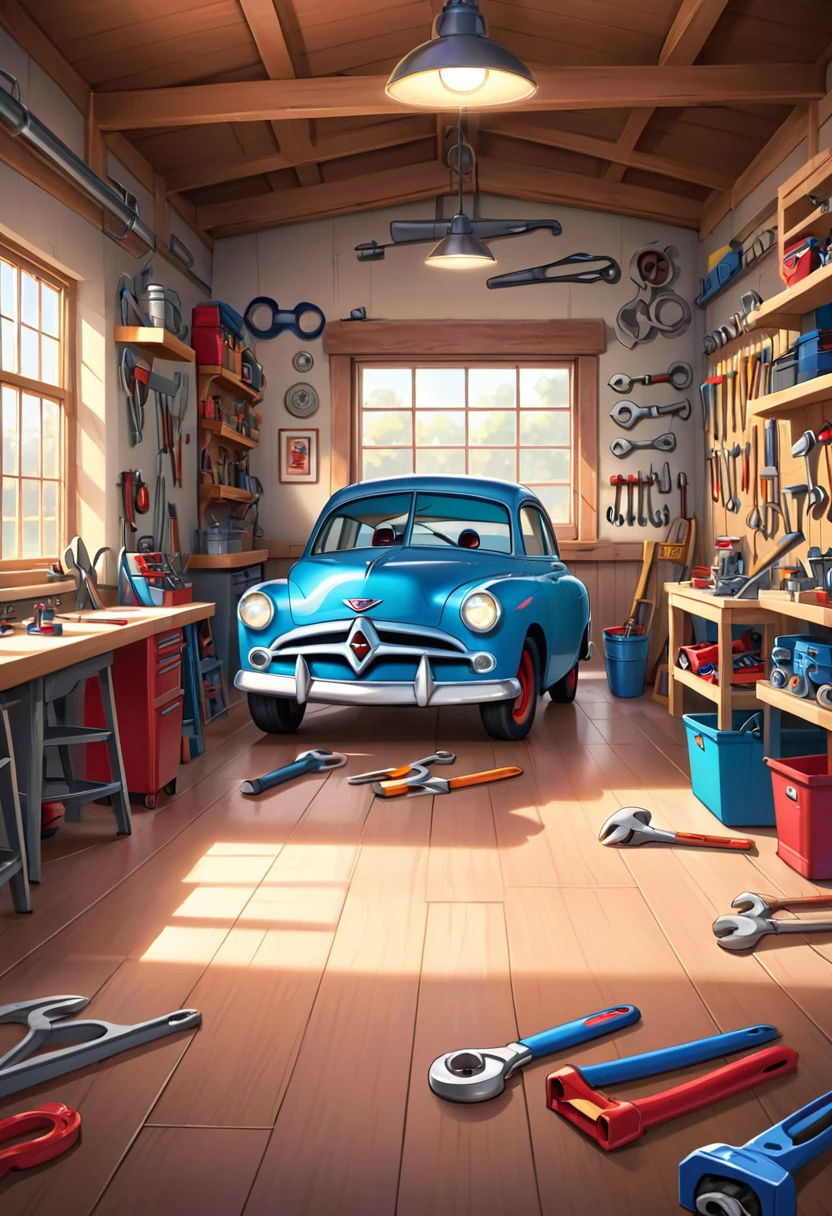 create an illustration of a workshop, (((no people or cars))) empty workshop in the disney pixar style from the film disney cars illustration of a mechanic workshop that on the wall on the left side has several tools in the foreground and on the floor there are some tools in the foreground. Such as wrench, pliers, wheel wrench. Features progressive blur from left to right