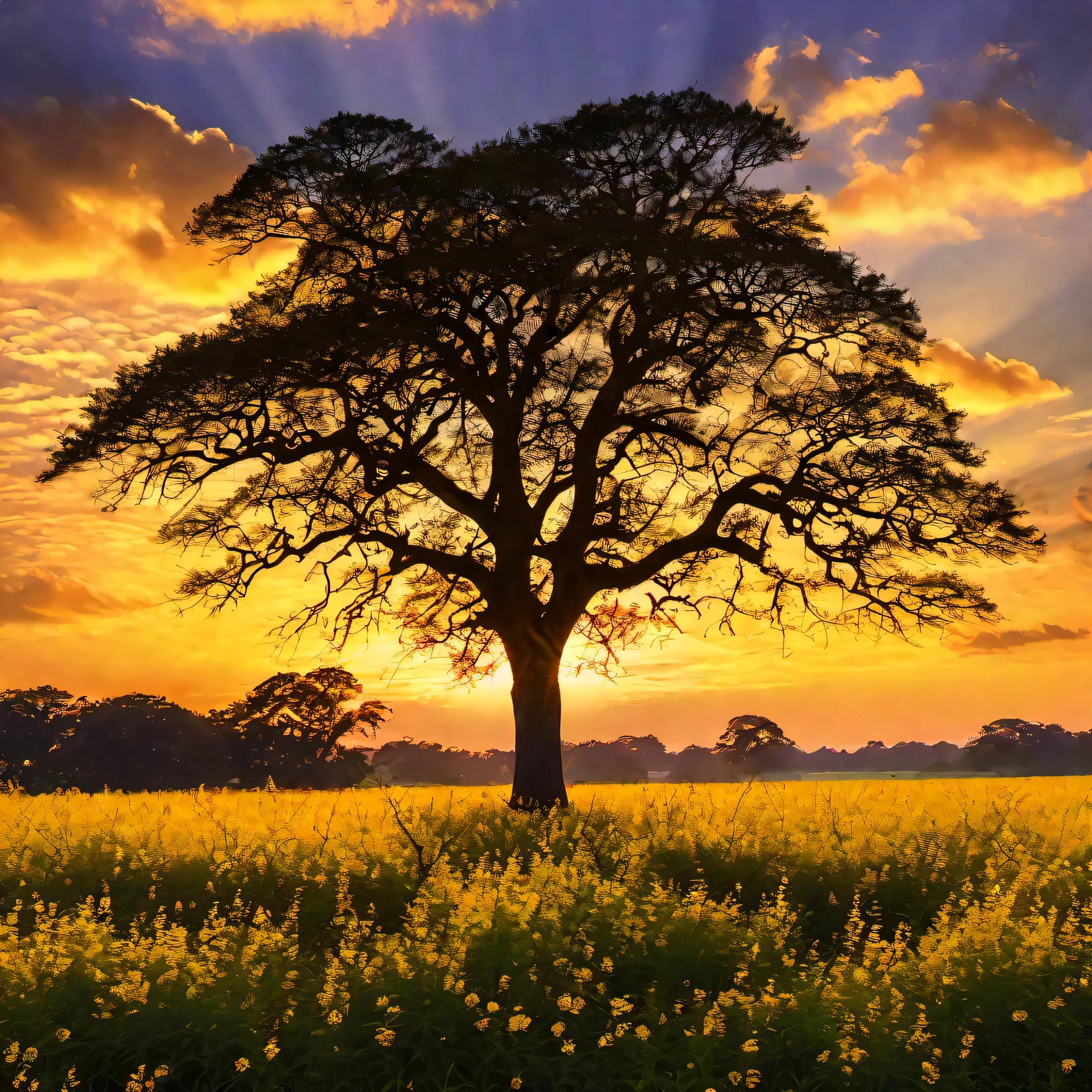 The image depicts a serene landscape during what appears to be either sunrise or sunset. The sky is a warm, golden hue, suggesting the sun is low on the horizon. The clouds are scattered and appear to be illuminated from the bottom, indicating that the sun is shining from behind the viewer. In the foreground, there is a field of tall, yellow flowers that stretch across the image. The flowers are in full bloom, and their vibrant color contrasts with the golden sky. In the center of the image, there is a solitary tree with a full canopy of leaves. The tree is silhouetted against the bright sky, and its branches are spread out, suggesting it is a mature tree. The overall style of the image is a blend of realism with a touch of artistic manipulation, as the colors are enhanced to create a more dramatic and visually appealing scene. The image has a dreamy quality to it, with the warm colors and the silhouette of the tree creating a sense of tranquility and solitude.