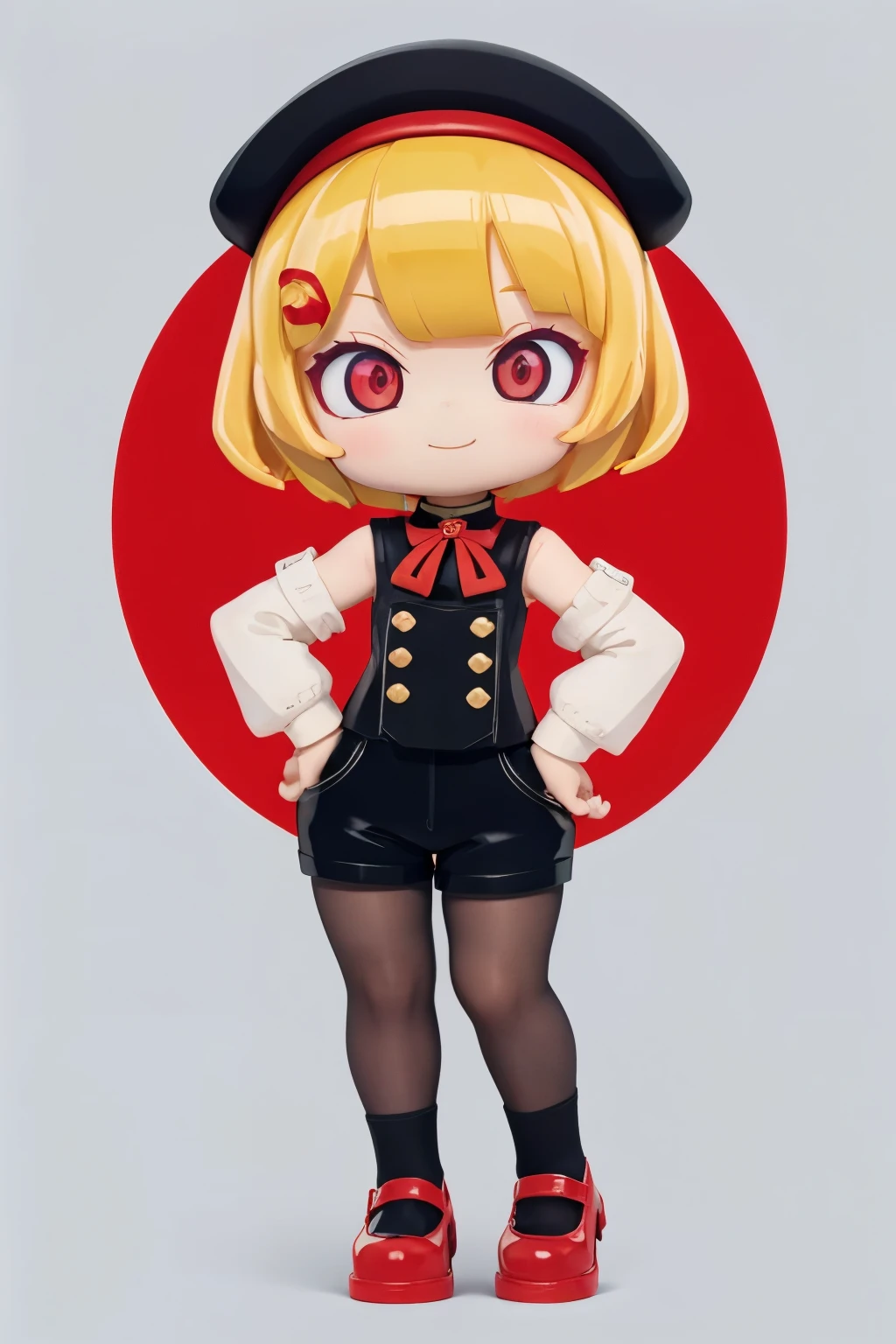 A girl with impressive blonde hair、hair ornaments、short bob、black pantyhose、No sleeve、hot pants、smile、Cute shoes with accessories、red hair band、dynamic pose
