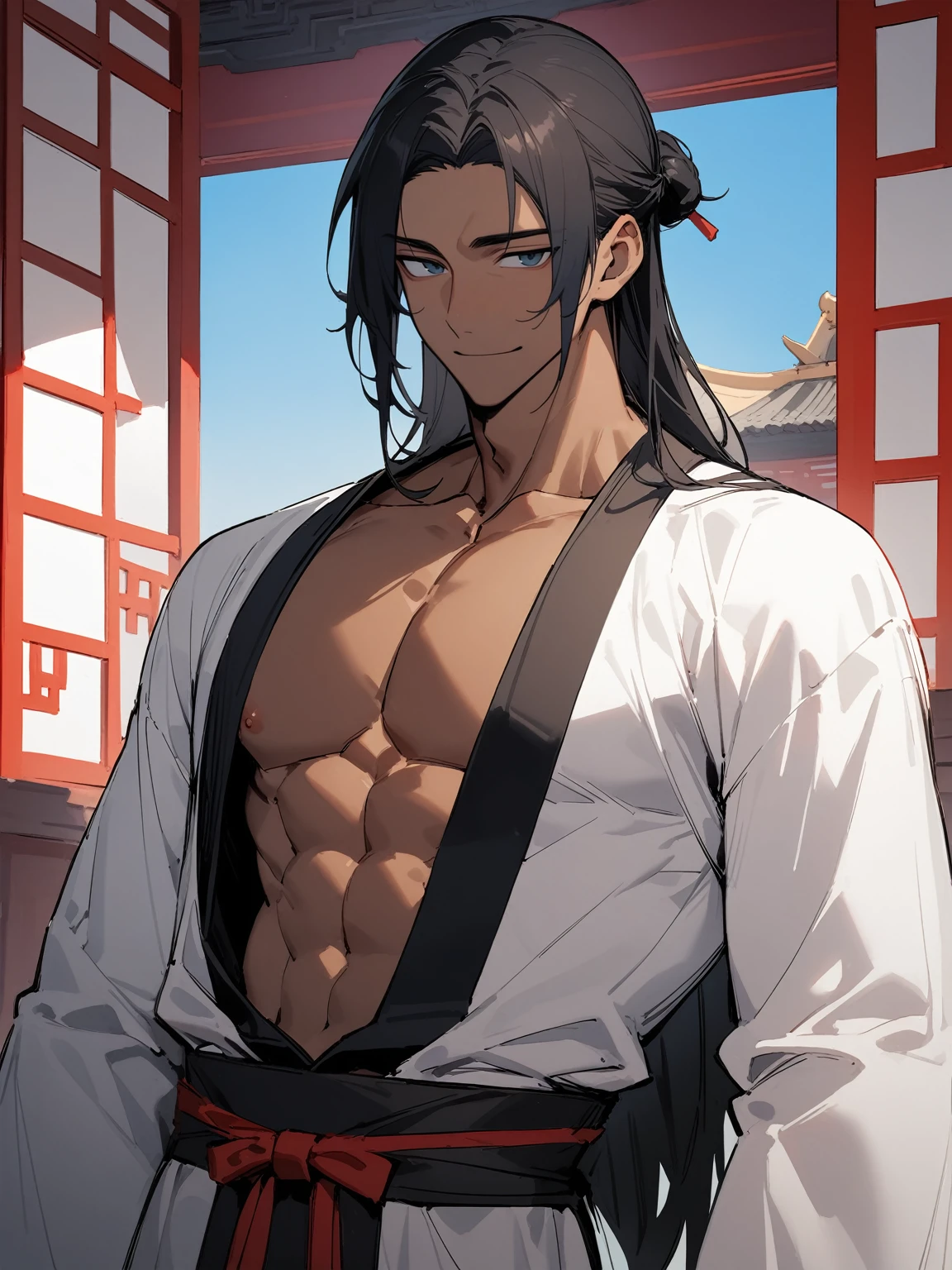 (masterpiece), best quality, expressive eyes, perfect face, perfect eyes, kind eyes, gentle eyes, calm expression, gentle expression, subtly smiling, kind eyebrows, perfect body, straight male, pretty boy, young male, youthful, youth, childish, teenage male, masculine, masculine face, anatomically correct, Chinese emperor hairstyle, long flowing ((chest-length black hair)), the hair is chest-length, black hair colour, long hair, Asian male Chinese emperor, Chinese traditional red hanfu outfit, lewd male hanfu outfit, sexy male hanfu outfit, fully clothed, billowing sleeves, Chinese Imperial palace background, blue sky, solo male, solo, alone, muscular biceps, broad chest, broad shoulders, exposed chest, covered torso, healthy wheat-coloured skin, tan skin, perfect nipples, muscular but slender, not too buff