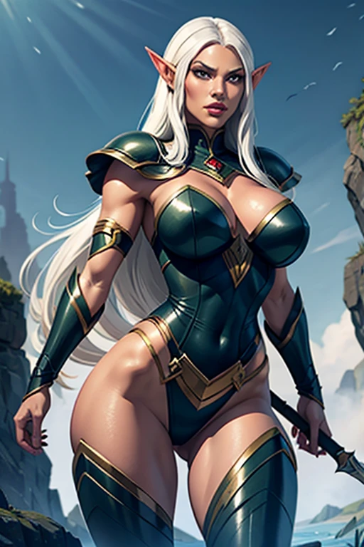 1 black female elf, long hair, white hair, elf ears, gray eyes, thin lips, round face, dark skin, huge breasts, wide hips, wearing elven battle armor, cold and arrogant look, standing on the battlefield holding a spear