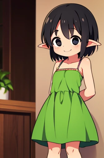 (((goblin))) , (((woman))) , (((small in height))) , (Wearing a long green dress) , (((clear eyes))) , I&#39;m tanned , (((Very small in stature))) , ((small breasts)) , ((black hair)) , (short hair) , (((smile))) , front , short eyebrows , drooping eyes , (((Black eyes))) , (a little fat) , (全身がfrontを向いている) , indoor , 2D