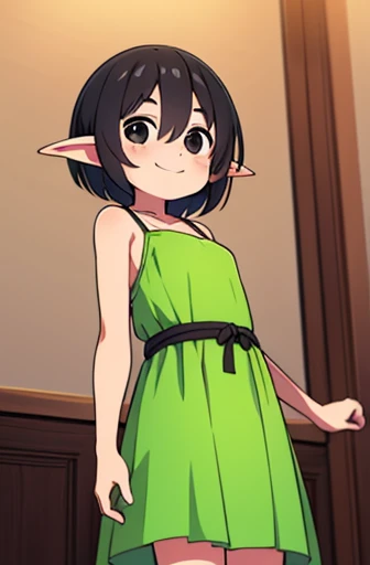 (((goblin))) , (((woman))) , (((small in height))) , (Wearing a long green dress) , (((sex))) , I'm tanned , (((Very small in stature))) , ((very small breasts)) , ((black hair)) , (short hair) , (((smile))) , front , short eyebrows , drooping eyes , (((Black eyes))) , (a little fat) , (全身がfrontを向いている) , indoor