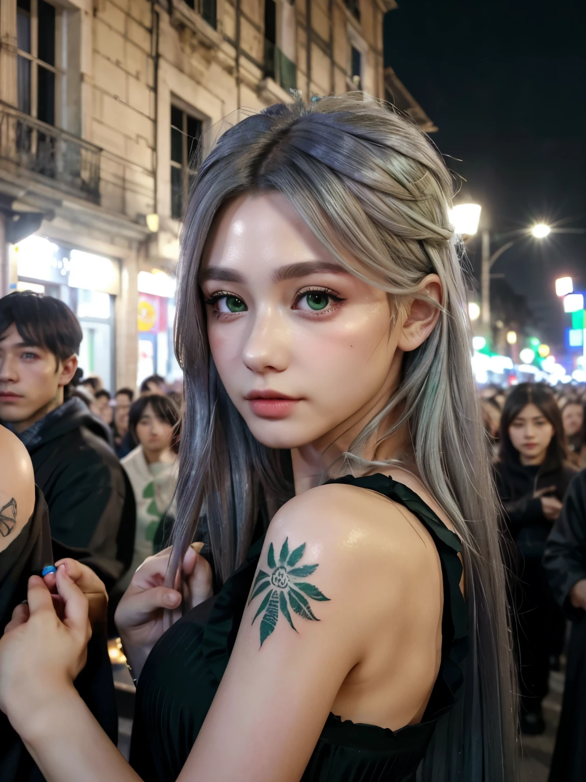 (8k), (highest quality), (best details)Slums at night、silver hair、Green Eyes、tattoo、beautiful french woman、luxury black dress、green hair、Homeless Crowd