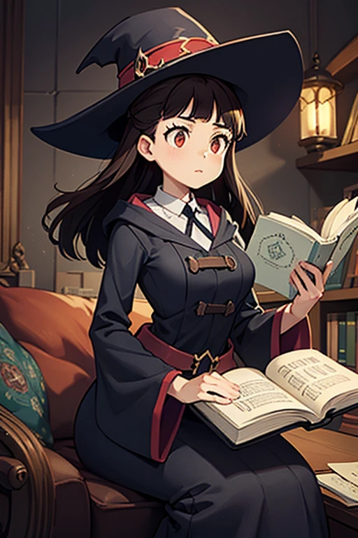 A black haired female witch with brown eyes with an hourglass figure in a conservative victorian dress is reading a book by a floating candel