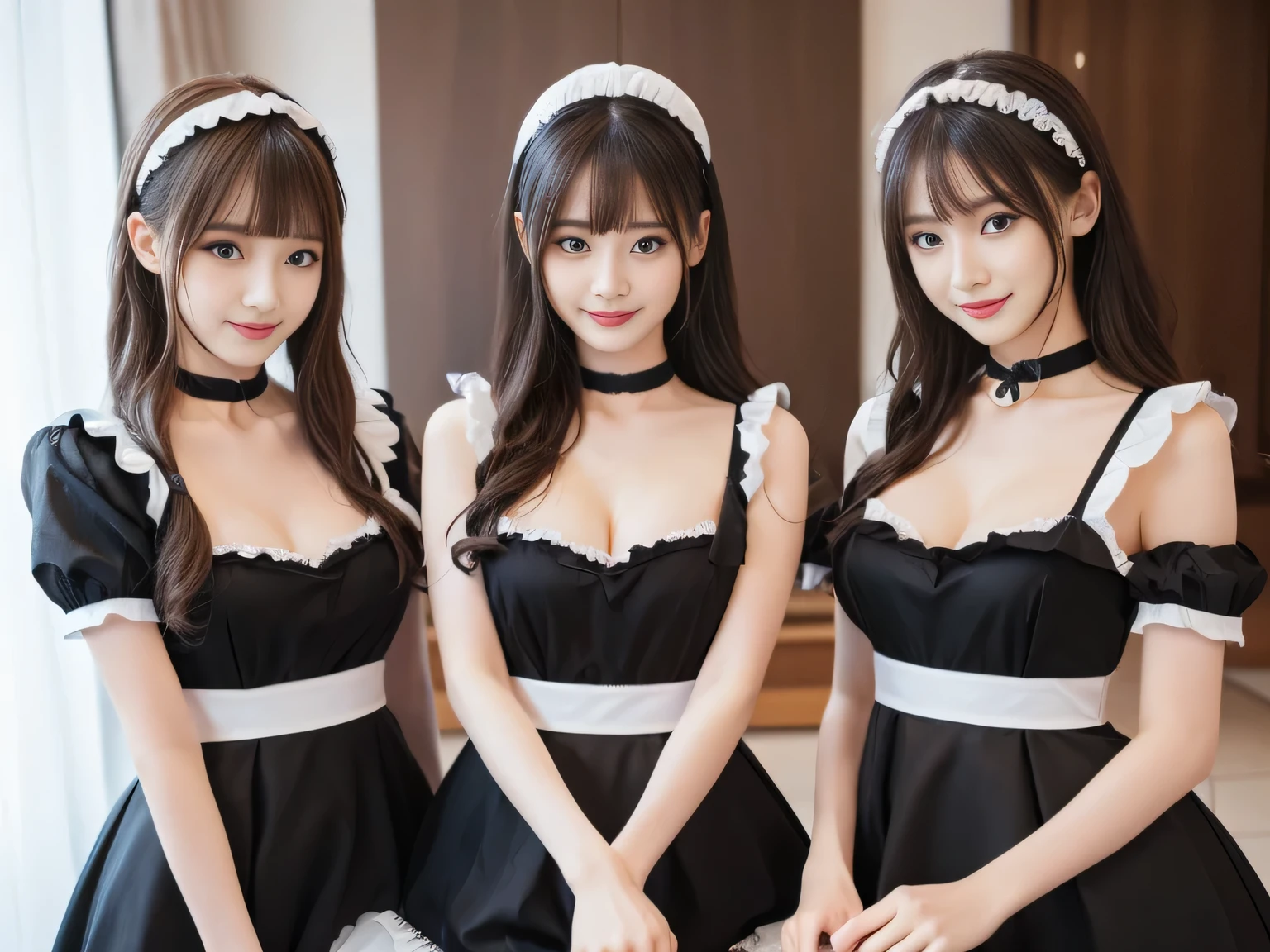 Three maids, (8k RAW photo:1.1), Natural light, (Beautiful Akihabara maid stands at dining table wearing black gothic maid outfit and headdress), (natural makeup), ((cute round face)), (smile), ((realistic)), Hair up and straight bangs, Bright white skin, Super cute, transparent eyes, adorable charm, grace, Transparent air, (highest quality, masterpiece, super detailed, super high resolution,　break, ((black choker、blue eyes、open bust、nipple、areola、Beautifully trimmed breasts))，smile, straight hair, break, Nipple Piercing