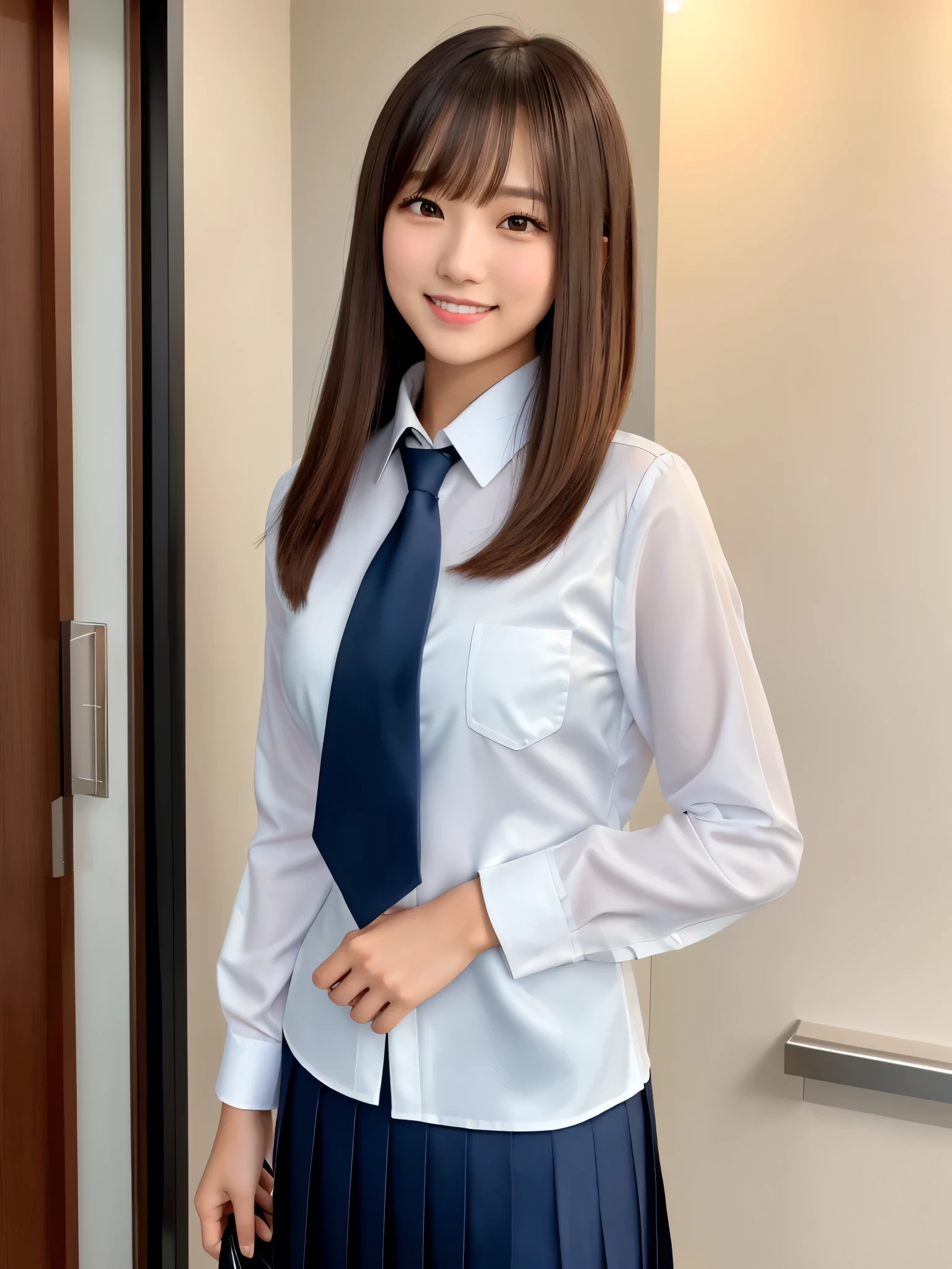 beautiful japanese girl, 19 years old, Corridor in an office building, night, standing by the big window, (shiny brown hair:1.5), Detailed straight long hair, asymmetrical bangs, thin eyebrows, big magic eyes, detailed moisturized eyes, smooth and soft skin, natural makeup, Starry sky seen from the window, Lots of shooting stars, full moon, smile at the camera, hands behind body, purple pleated skirt, White quilted short sleeve cutter shirt,black wool vest, thighs thighs,Shine in the moonlight,Mysterious,professional lighting, professional photographer
