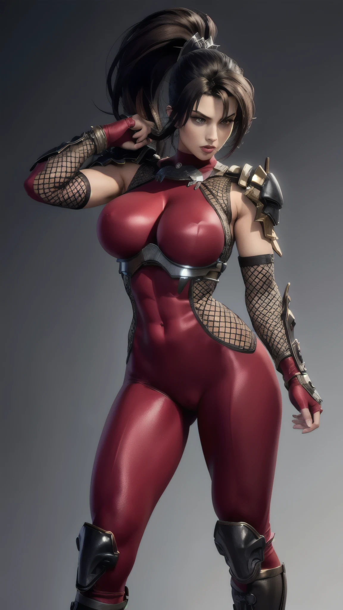 photo of a Kunoichi,1girl,mature,tall woman,wide hip,toned body,wide hip,toned body,action pose,
(masterpiece:1.4), (best quality:1.4), (photorealistic:1.4),
taki_soulcalibur_aiwaifu,glowing,bodysuit,ponytail,ninja,gloves,(large breasts:1.4),armor,long hair,skin tight,brown eyes,weapon,sword,brown hair,fingerless gloves,fishnets,shoulder armor,elbow gloves,lips,bangs,holding,red bodysuit,hair ornament,arm guards,holding weapon,pauldrons,cameltoe,(huge breasts:1.4),sheath,shiny clothes,shiny,sleeveless,abs,turtleneck,high ponytail,impossible clothes,makeup,covered navel,
red fishnet bodysuit, fishnets, fingerless gloves, arm guards, shoulder armor,
