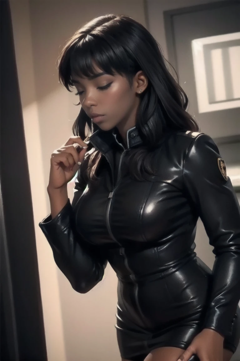 Hot (black) girl, empty eyes, Dominant behavior, Wearing detective clothes, , 