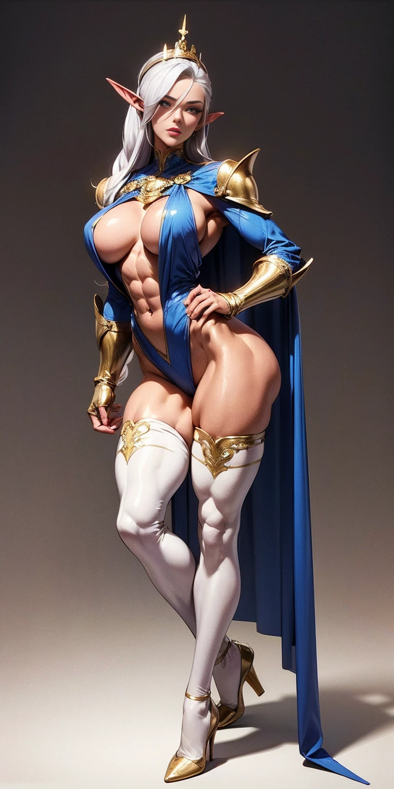 extremely long hair , ponytail, perfect anatomy 1 girl tall solo, slim thick, ((muscular)) high elf toned body, silver breast plate, blue cape, slendered abs, hourglass waist, detailed face, defined cheekbones, puffy lips, gauntlets, gold crown, shadow over eyes, looking at viewer, masterpiece, white thigh highs lingerie, high heels