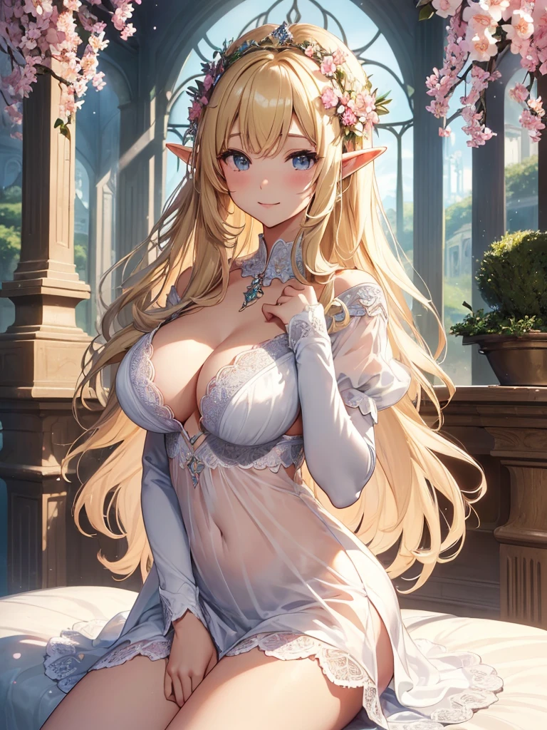 highest quality、Highest image quality、masterpiece、beautiful face、、Titania、Super beautiful elf beauty((22 years old OL big bust、bust 90,beautiful long ironed hair、blonde、Height: 165cm。slender、sexy、Esbian、beautiful underwear、panties、bra、bed、night、High quality、美しいart、beautiful forest、、muste piece、ビジュアルart、Depth of the bounds written、、elf ears、、Lightのmagic、universe、、A happy smile、穏やかなLight、Elven Forest、cherry blossoms、、elegant、ticker beautiful decorative、、mystical　rosa、dance、flower瓶、magicのflower、flowerを作るmagic、Light、、beautiful stockings、myth、ART、Lord of the Ring、spectacular scenery、sexy、friendly smile、fantastic world、cherry blossoms、舞い散るflowerびら、cherry blossomsのflower、universe、magicのLight、fantasy、flower、super REALITYMany roseagic、Interior decoration、Many tapestries、Grow fantasy、、mysteryのLight、Florence、Rome、byzantine、renaissance、Art nouveau、Alphonse　Mucha、、art、art,mystery,UHD,magicalgentle light,sexy、