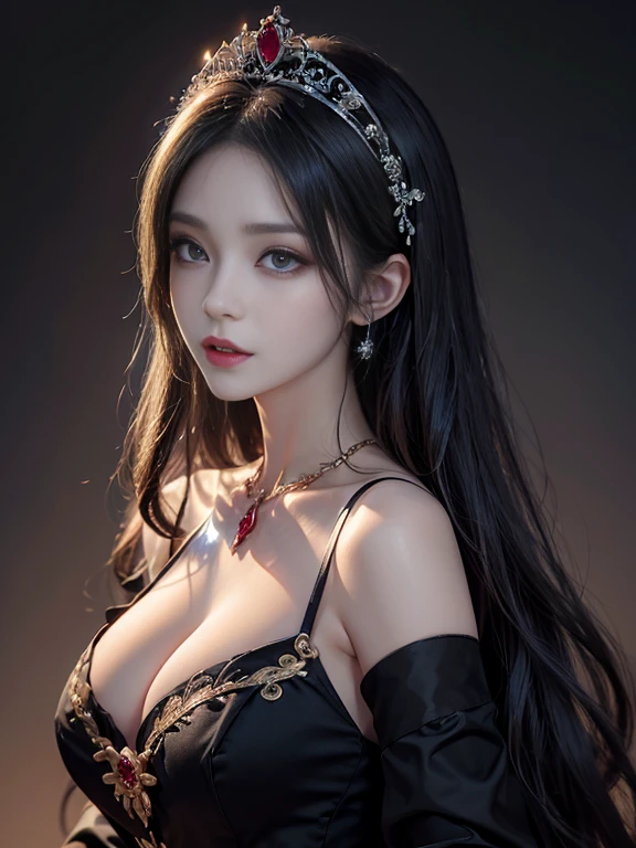 highest quality、masterpiece、8K、Award-winning work、hyper realism、Vampire Princess、恐ろしいVampire Princess、Natural forehead、spooky、white skin、evil makeup、Full body photo 1.2、Close-up of face 1.2、Photographing faces with beautiful composition、the most detailed and beautiful face、a merciless look、look at me、long eyelashes、spookyメイク1.1、black lips、eye shadow、艶のあるblack lips、Finest super high detail skin、The most detailed eyes、(The most luxurious and highest quality giant tiara、The most luxurious and highest quality giant necklace、The most luxurious giant ruby、The most luxurious jewelry decoration、black most luxurious finest princess dress)、cleavage、pitch black background、dim、Beautiful long wavy hair