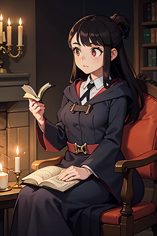 A black haired female witch with brown eyes with an hourglass figure in a conservative victorian dress is reading a book by a floating candle