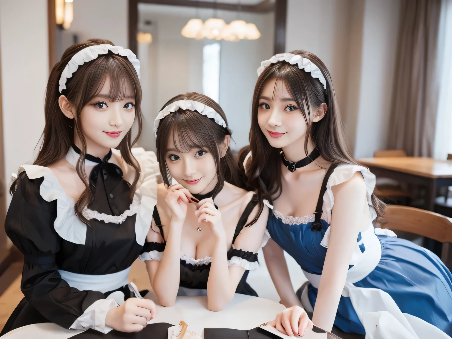 Three maids, (8k RAW photo:1.1), Natural light, (Beautiful Akihabara maid stands at dining table wearing black gothic maid outfit and headdress), (natural makeup), ((cute round face)), (smile), ((realistic)), Hair up and straight bangs, Bright white skin, Super cute, transparent eyes, adorable charm, grace, Transparent air, (highest quality, masterpiece, super detailed, super high resolution,　break, ((black choker、blue eyes、open bust、nipple、areola、Beautifully trimmed breasts))，smile, straight hair, break, Nipple Piercing