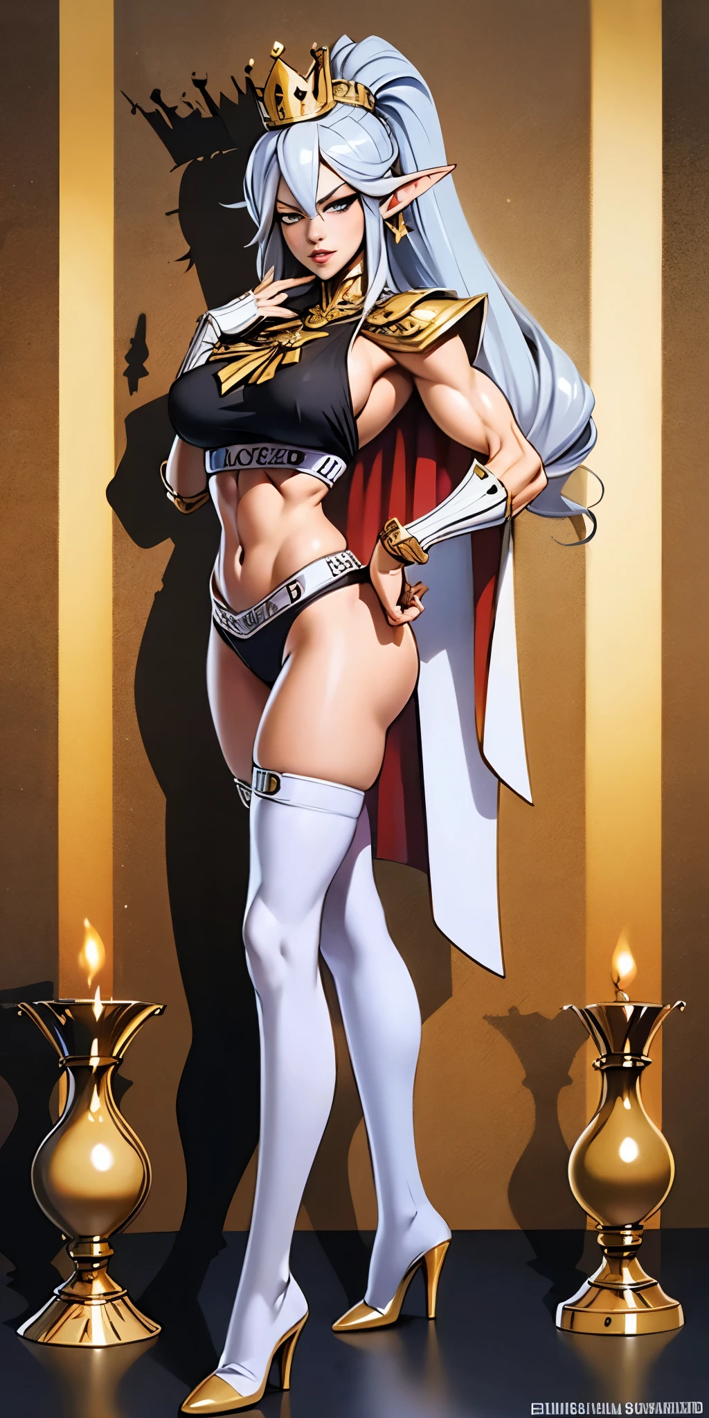 extremely long hair , ponytail, perfect anatomy 1 girl tall solo, slim thick, ((muscular)) high elf toned body, silver breast plate, blue cape, slendered abs, hourglass waist, detailed face, defined cheekbones, puffy lips, gauntlets, gold crown, shadow over eyes, looking at viewer, masterpiece, white thigh highs lingerie, high heels