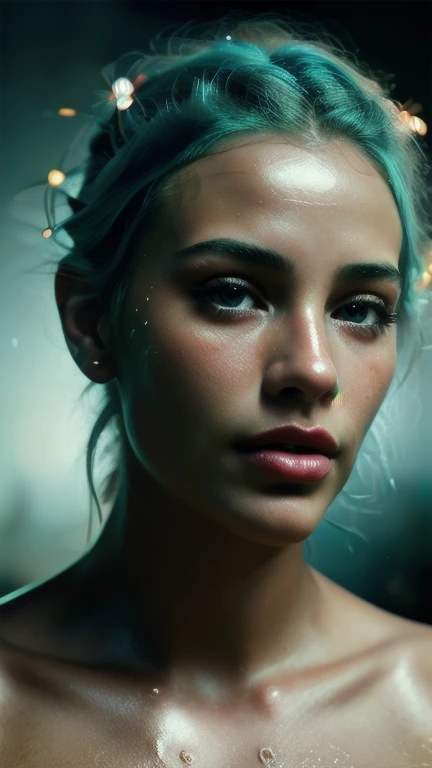 a close up of a woman with blue hair and a flower in her hair, makeup. unreal engine, wet shiny skin, slightly tanned, close up of a blonde woman, captivating glowing lights, bronze face, inspired by Petros Afshar, portrait of nordic girl, tears running down face, 4 k editorial photograph, glossy photo,flat chested,pov, Orgasm and passion on the face, excited lips,orgasmface, Very excited look and look