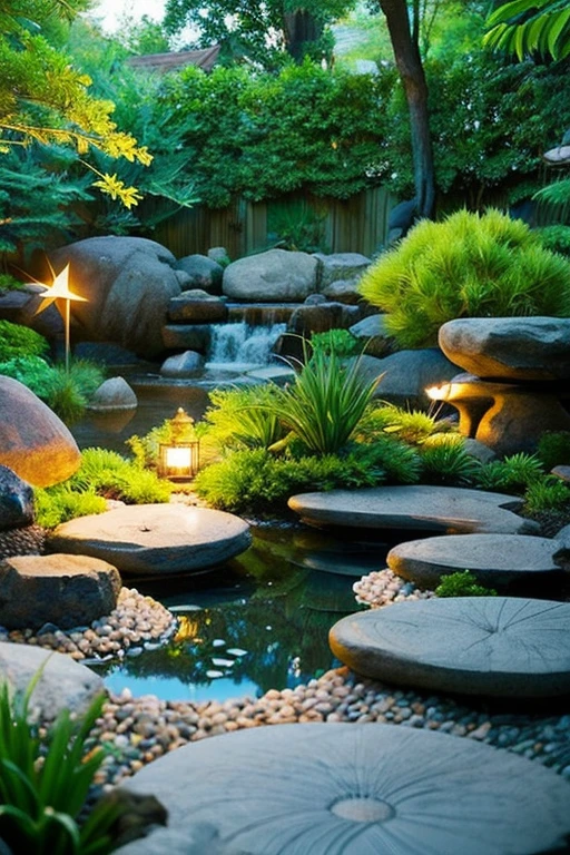 An image depicting a Zen garden floating in a tranquil universe space. The background features deep blues and blacks of space, with a small Zen garden placed at the center. The Zen garden includes rocks, water, and greenery, expressing inner peace and a connection with the universe. The rocks are depicted in shades of gray and white, while the plants are in green, reflecting the universe's stars in the small water surface of the Zen garden. Light is gently cast upon the Zen garden, spreading into the space around it, symbolizing the illumination of inner peace spreading through the universe.