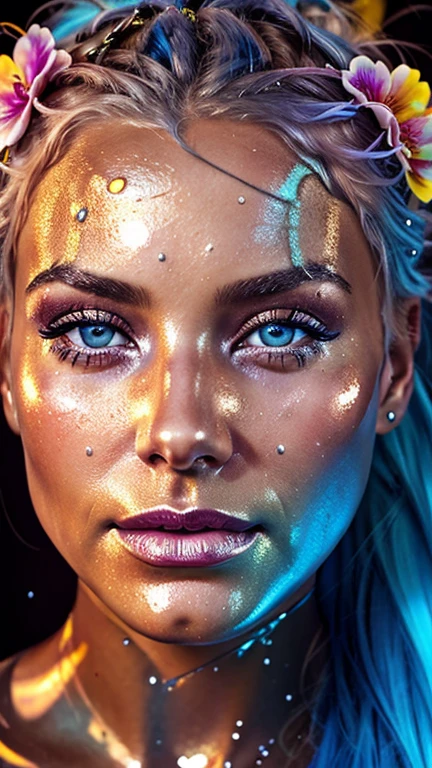 a close up of a woman with blue hair and a flower in her hair, makeup. unreal engine, wet shiny skin, slightly tanned, close up of a blonde woman, captivating glowing lights, bronze face, inspired by Petros Afshar, portrait of nordic girl, tears running down face, 4 k editorial photograph, glossy photo,????????????,pov, ?????? and passion on the face, excited lips,??????????, Very excited look and look