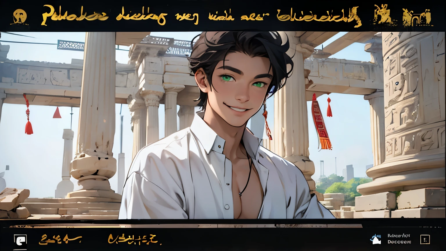 15-year-old boy walks smiling through the palaces of ancient Egypt black hair brown skin green eyes elegant white t-shirt green eyes