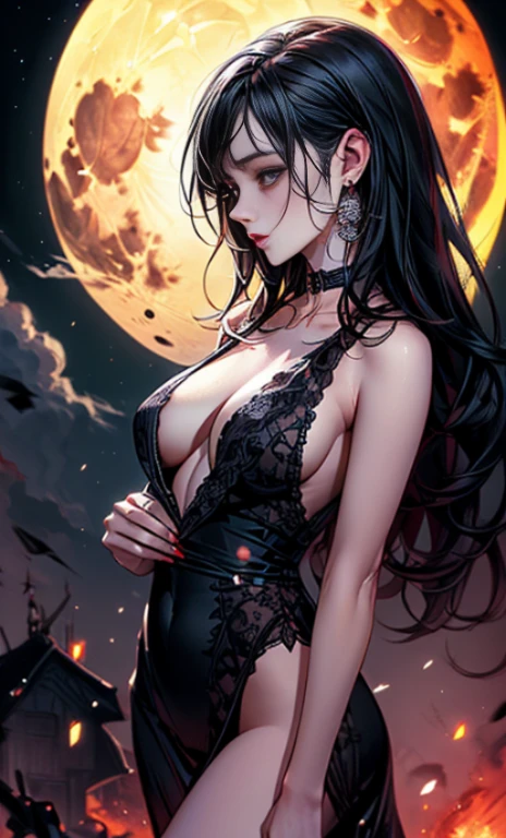 two kiss、Depth of bounds written, detailed eye, ((CG illustration)), ((face focus)), ((masterpiece)), ((8K)), ((super detailed)), ((Super high quality)), ((cinematic)), ((Photoreal)), ((close up shot)), (solo), (cool girl), very long hair, straight hair, (((thin body))), Glossy skin, ((look away)), (Beautiful goth girl with high cheeks and legs), Gothic makeup, clear eyes, lipstick, dark eye shadow, ((No bra)), choker, earrings, provoke, night, ((full moon)), ((Functional)), Lonely, Visual kei, ((pastel colour)), Unwound clothes, forget, kiss, White Knight, dark, silence