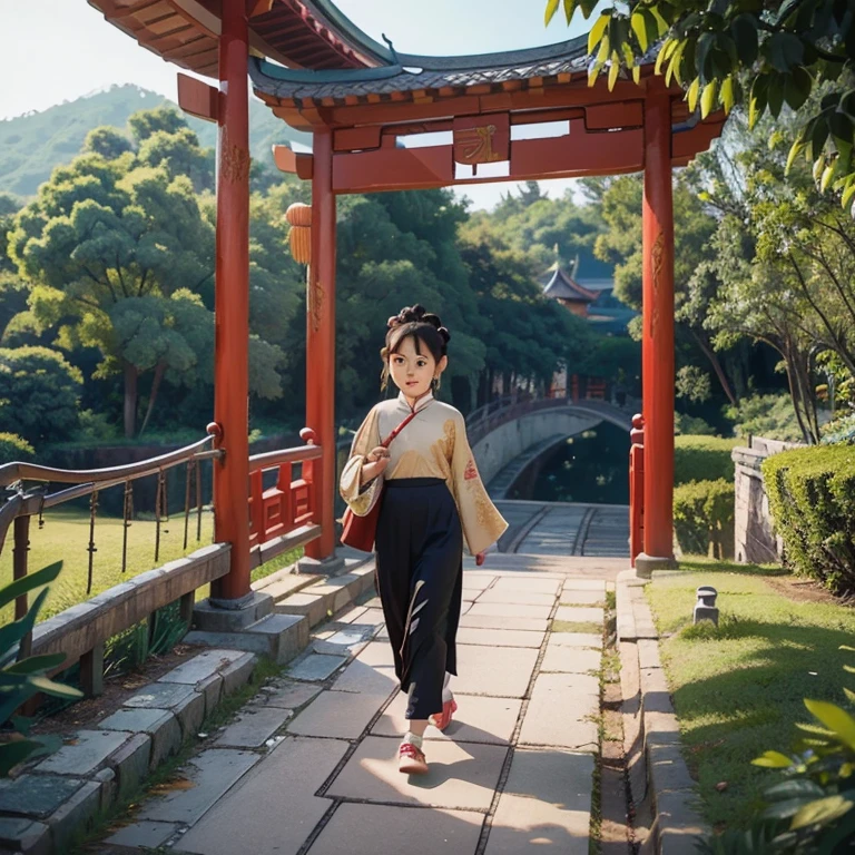 Chinese style girl walking on the bridge retro gorgeous