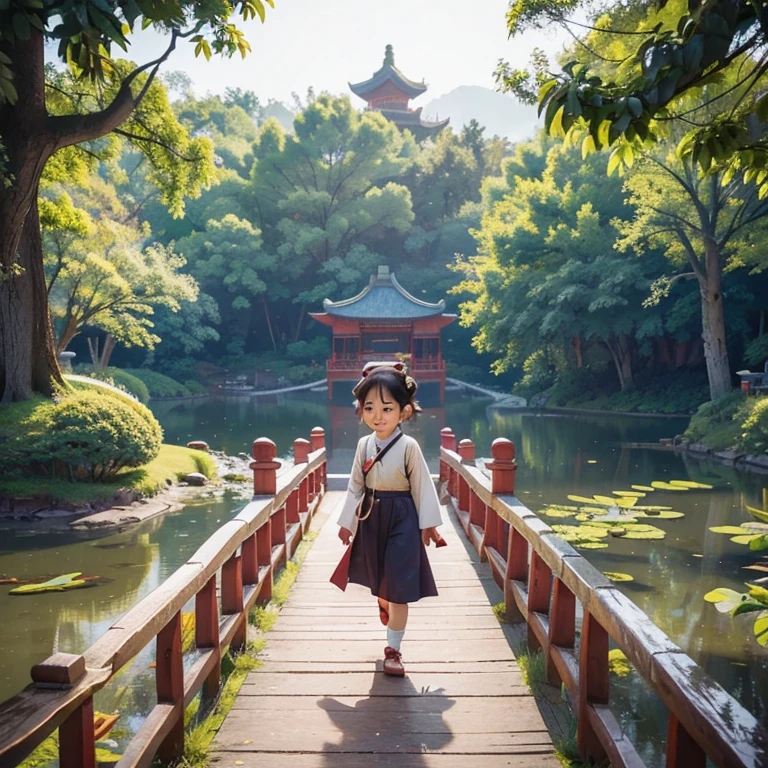 Chinese style girl walking on the bridge retro gorgeous