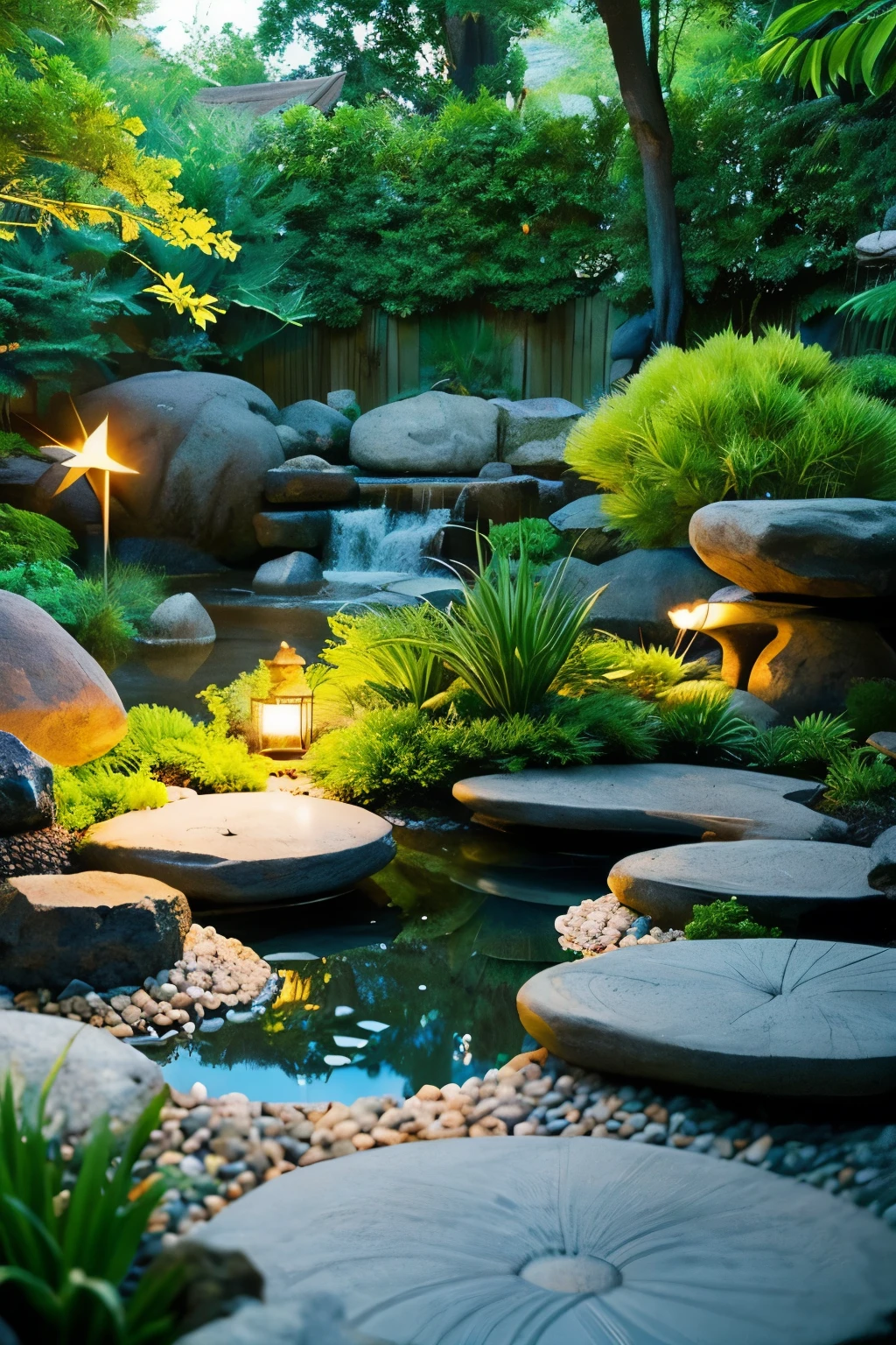 An image depicting a Zen garden floating in a tranquil universe space. The background features deep blues and blacks of space, with a small Zen garden placed at the center. The Zen garden includes rocks, water, and greenery, expressing inner peace and a connection with the universe. The rocks are depicted in shades of gray and white, while the plants are in green, reflecting the universe's stars in the small water surface of the Zen garden. Light is gently cast upon the Zen garden, spreading into the space around it, symbolizing the illumination of inner peace spreading through the universe.