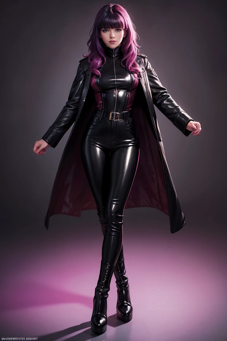 Best quality, 32 thousand., RAW photo, incredibly absurd, extremely detailed, cool beauty, wear a black leather long coat, black leather trousers, black leather engineer boots, Shiny pink hair, love expression, obscene expression, slim, Large proportion, professional lighting