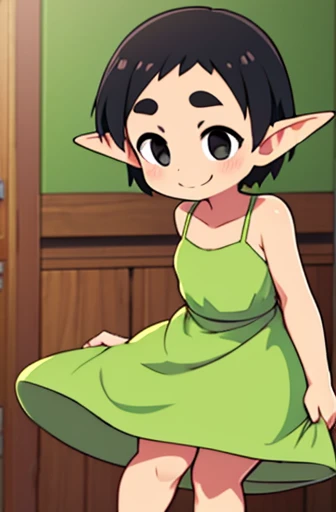 (((goblin))) , (((woman))) , (((small in height))) , (Wearing a long green dress) , (((Round eyebrows))) , I'm tanned , (((Very small in stature))) , ((small breasts)) , ((black hair)) , (short hair) , (((smile))) , front , short eyebrows , drooping eyes , (((Black eyes))) , (a little fat) , (全身がfrontを向いている) , indoor , 2D