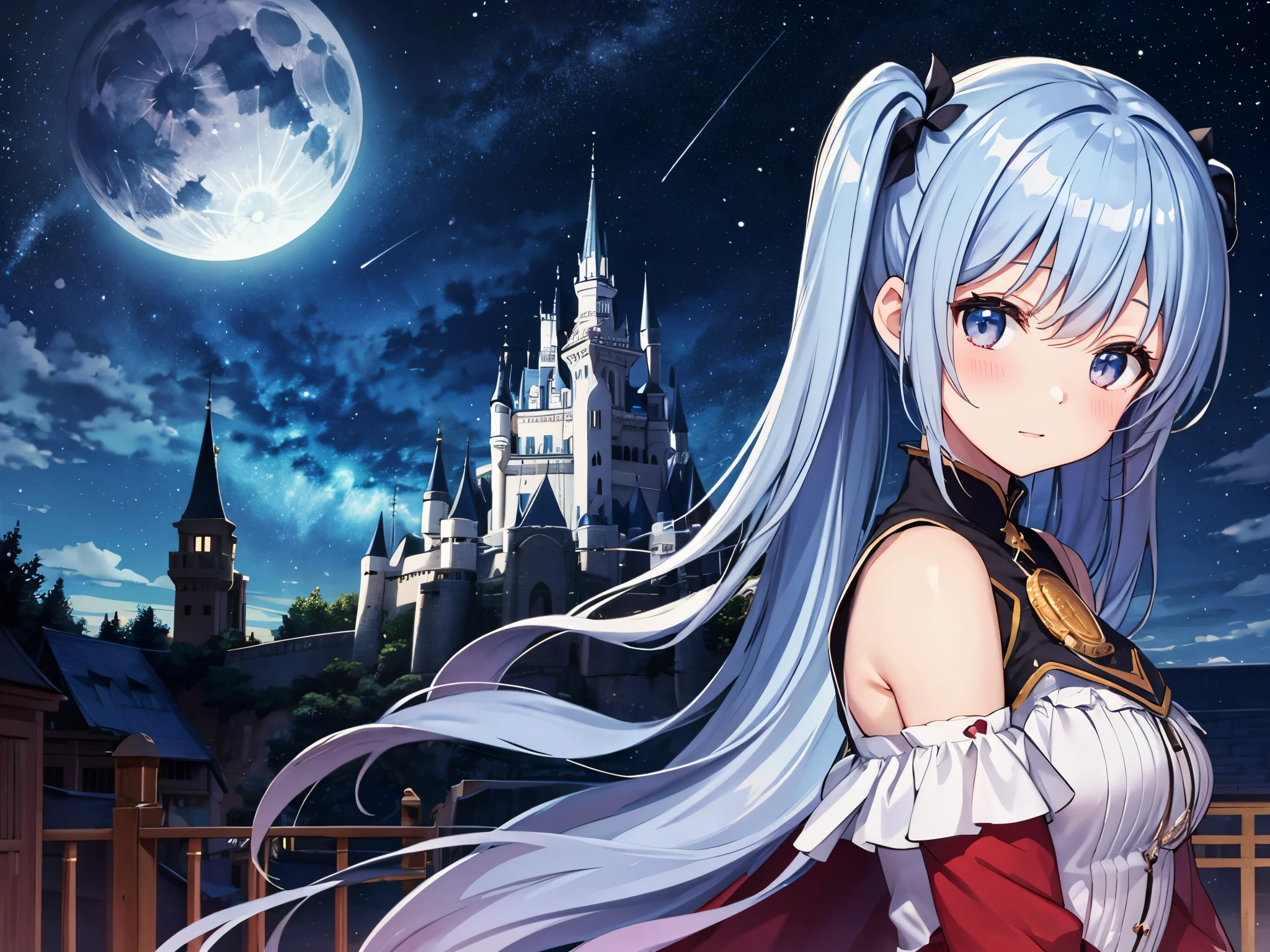 Big castle in the sky、light blue long hair、Beautiful girl with twin tails、Western-style streets、slope、Moonlight night、starry sky、Face Highlights、Castle highlightilky way