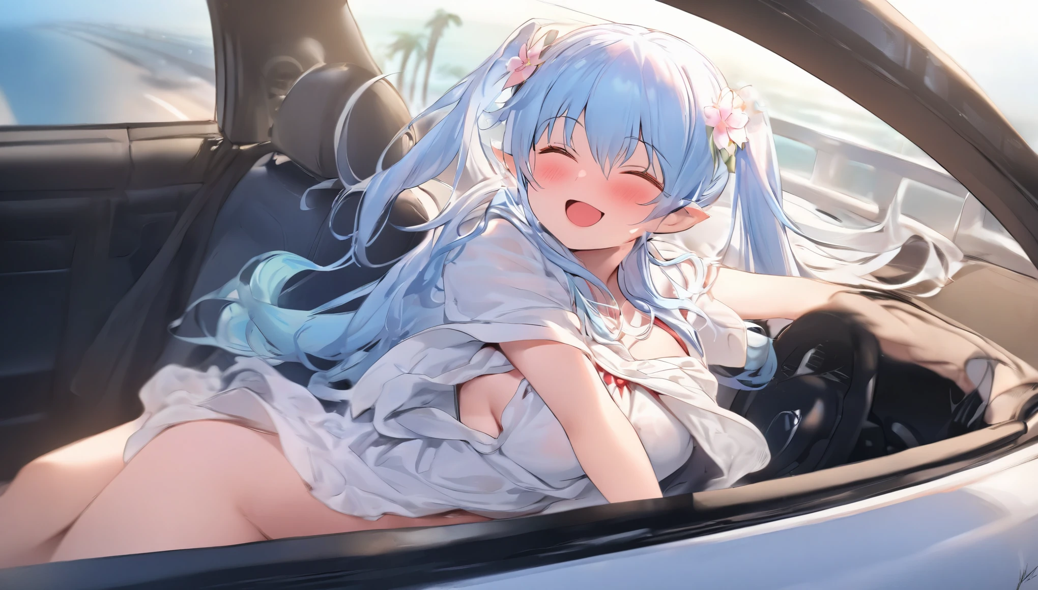  (masterpiece, best quality), 1 elven girl, ( bear breast),  (light blue hair,twin tails ,Long hair is fluttering in the wind), hair between eyes,light blue hair,hair flower ornament ,(blush, smile, close eyes), open mouth, white fairly dress,    
 ((((undone clothing)))),  (Open the front of the fairly dress chest very wide), large breasts,multi colored hair,pointed ears,view from right side,(Cruising the highway in a open car ) , (color of the open car is white), ( the open car has 2 seats), (the open car has no roof), (passenger seat is left side in the open car), Palm trees line the shoreline,(sitting in the left seat of the open car)  