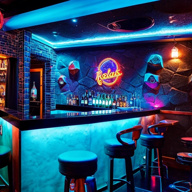 Bar combined with a rock-themed nightclub. Que el espacio sea grande con mesas con Booth, espacios con cuadros y discos rockeros