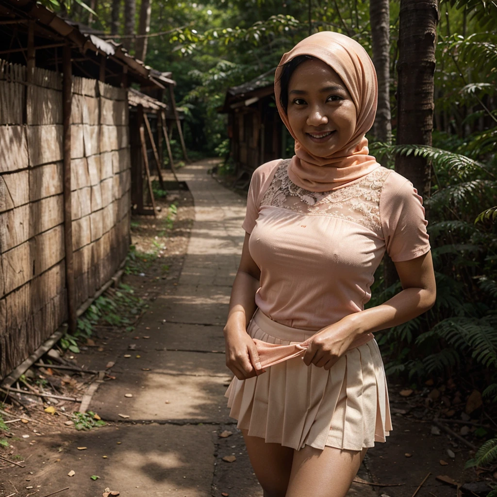 A 52 years old Indonesian woman in peach color hijab, wearing peach color lace tight t-shirt, wearing very short see-through white pleated skirt, villager, poor woman, darker skin, curvier body, short body, smiling and standing in a dark forest, look to the viewer with eye close