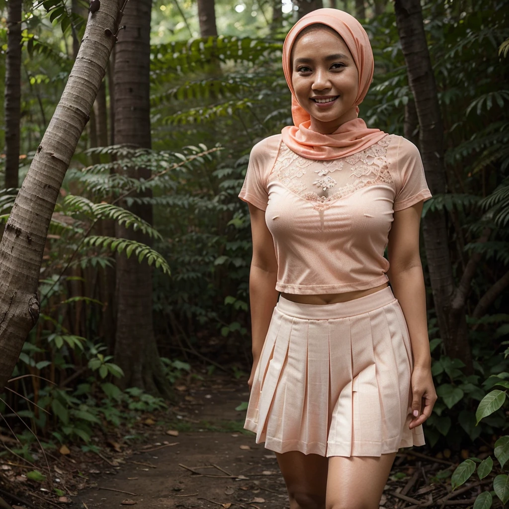 A 52 years old Indonesian woman in peach color hijab, wearing peach color lace tight t-shirt, wearing very short see-through white pleated skirt, villager, poor woman, darker skin, curvier body, short body, smiling and standing in a dark forest, look to the viewer with eye close