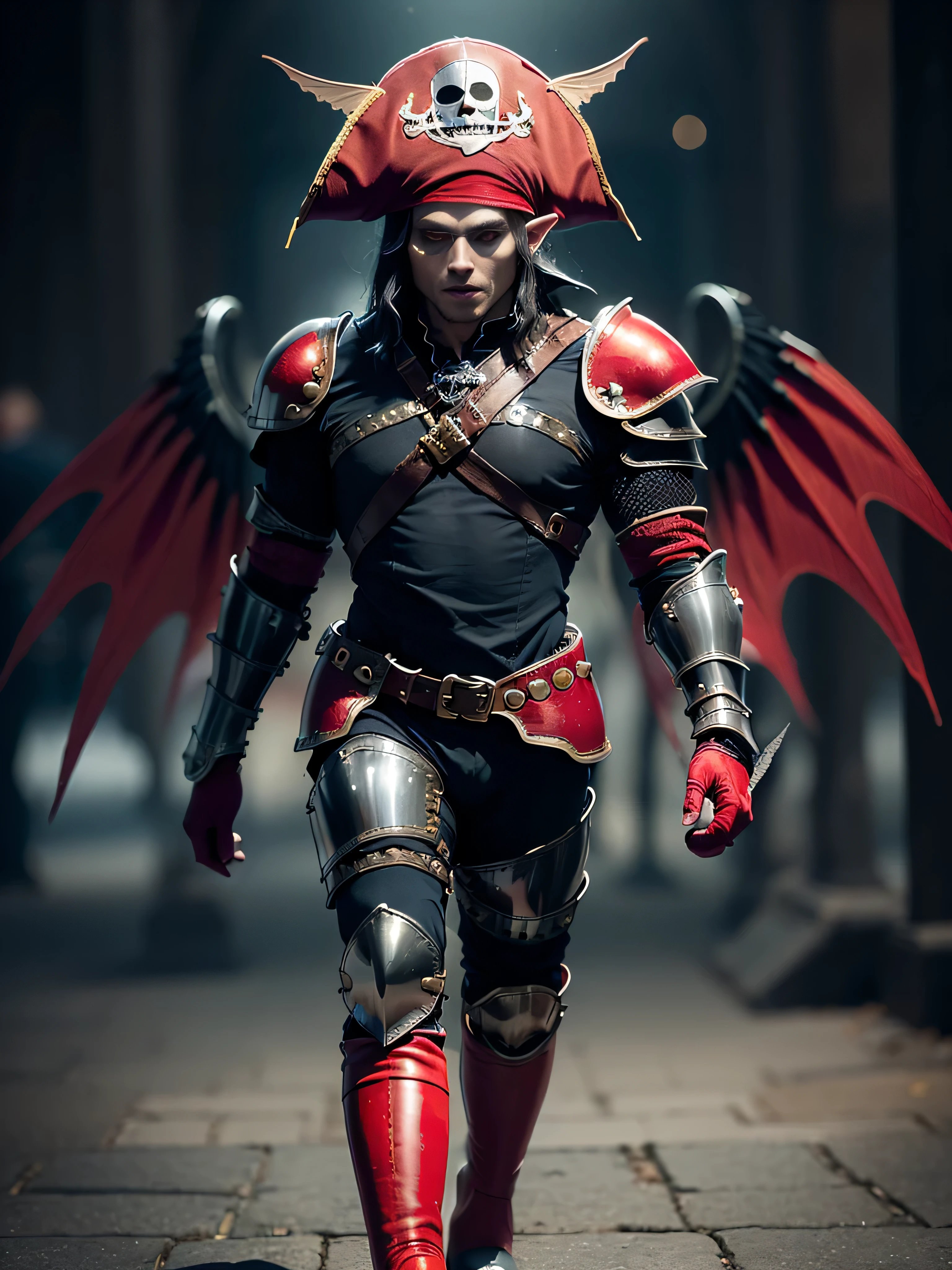 ((masterpiece)), intricate details, sharp focus, professional, photorealistic, outside, space, sharp focus, dramatic, award winning, cinematic lighting, volumetrics dtx, film grain, blurry background, blurry foreground, bokeh, depth of field, interaction, ((solo miniature (drow dark elf, graphite skin, male, muscular, man, black feather wings, pirate hat, red boots, medieval armor:1.4))), bright glow, dynamic pose, contoured shading, hyper-realistic