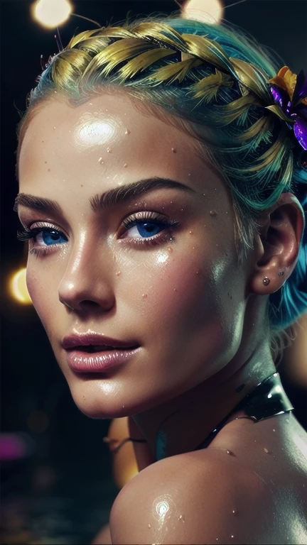 a close up of a woman with blue hair and a flower in her hair, makeup. unreal engine, wet shiny skin, slightly tanned, close up of a blonde woman, captivating glowing lights, bronze face, inspired by Petros Afshar, portrait of nordic girl, tears running down face, 4 k editorial photograph, glossy photo,flat chested,pov, Orgasm and passion on the face, excited lips,orgasmface, Very excited look and look