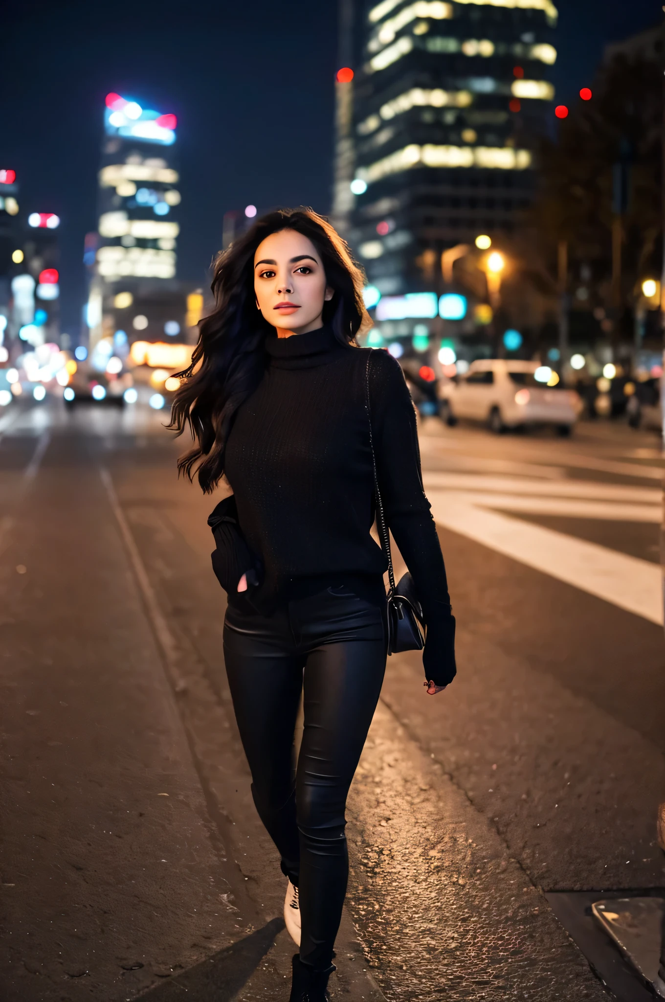 beautiful fit young arab tall woman, straight dark hairs, dark eyes, big breast, athletic rebounded glutes, wearing dark winter sweater, walking by night in a big city, very realistic