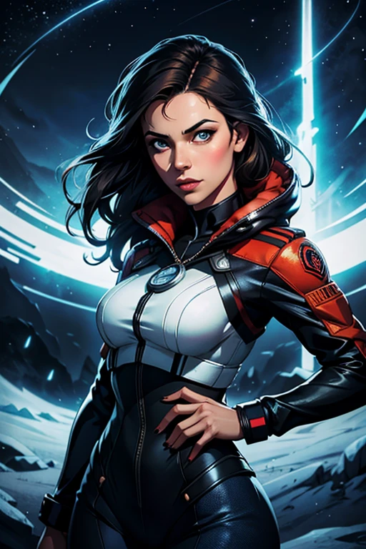 mulher 25 anos linda astronauta 1950 , olhos azuis profundos, roupas na cor laranja detalhes em branco metalizado, cinematic, photoshoot, half luz de fundo, luz de fundo, dramatic lighting , Incandescent, soft lighting, incrivelmente detalhado e intrincado, Hiper maximalista, arte sem estilo por guweiz, pose elegante, Dynamic, fotografia, volumetric , ultra detalhado, detalhe intrincado, primeiro trabalho super detalhado de guweiz, ambiente futurista