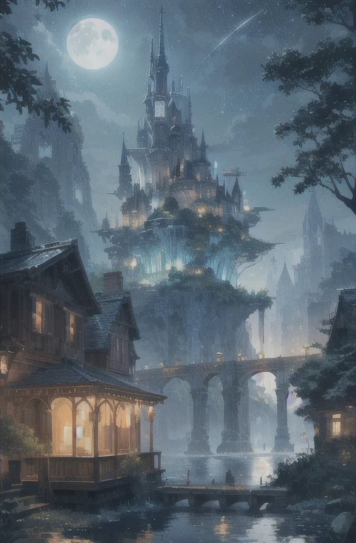 As twilight blankets the realm, the heavens come alive with a celestial spectacle. Countless stars twinkle like shimmering diamonds, their ethereal glow casting a soft illumination upon the landscape. The moon, radiant and full, bathes everything in a gentle silver light, accentuating the enchantment that lies within.

At the heart of the composition stands a majestic mechanical frog—a testament to both artistry and engineering prowess. Crafted with meticulous detail, its metallic frame gleams in the moonlight, adorned with ornate patterns and intricate engravings. Gears and mechanisms intertwine seamlessly, bringing the creature to life with graceful movements.

Perched atop the frog's sturdy back rests a miniature city, a mesmerizing marvel of human innovation and imagination. Towering skyscrapers adorned with neon lights reach towards the heavens, their vibrant hues painting the night sky with a kaleidoscope of colors. Tiny windows flicker like stars, revealing glimpses of bustling activity within the city's vibrant streets.

As the mechanical frog traverses the landscape, its steps create a gentle rhythmic hum that reverberates through the air—a symphony of wonder and possibility. Each hop is a delicate dance, leaving behind a trail of glittering stardust that twinkles like a celestial pathway, guiding the frog and its extraordinary cargo.

The surrounding environment is a harmonious blend of nature and fantasy. Lush greenery and blooming flowers flourish beneath the moon's gentle gaze, their petals embracing the night with delicate fragrances. Majestic trees, their branches adorned with luminescent moss, stand sentinel, casting surreal shadows upon the landscape.

A winding river meanders through the scene, its waters mirroring the starry spectacle above. It whispers secrets as it flows, weaving a tale that only those who listen closely can understand. Along its banks, fireflies illuminate the darkness with their gentle glow, their enchanting light creating a m