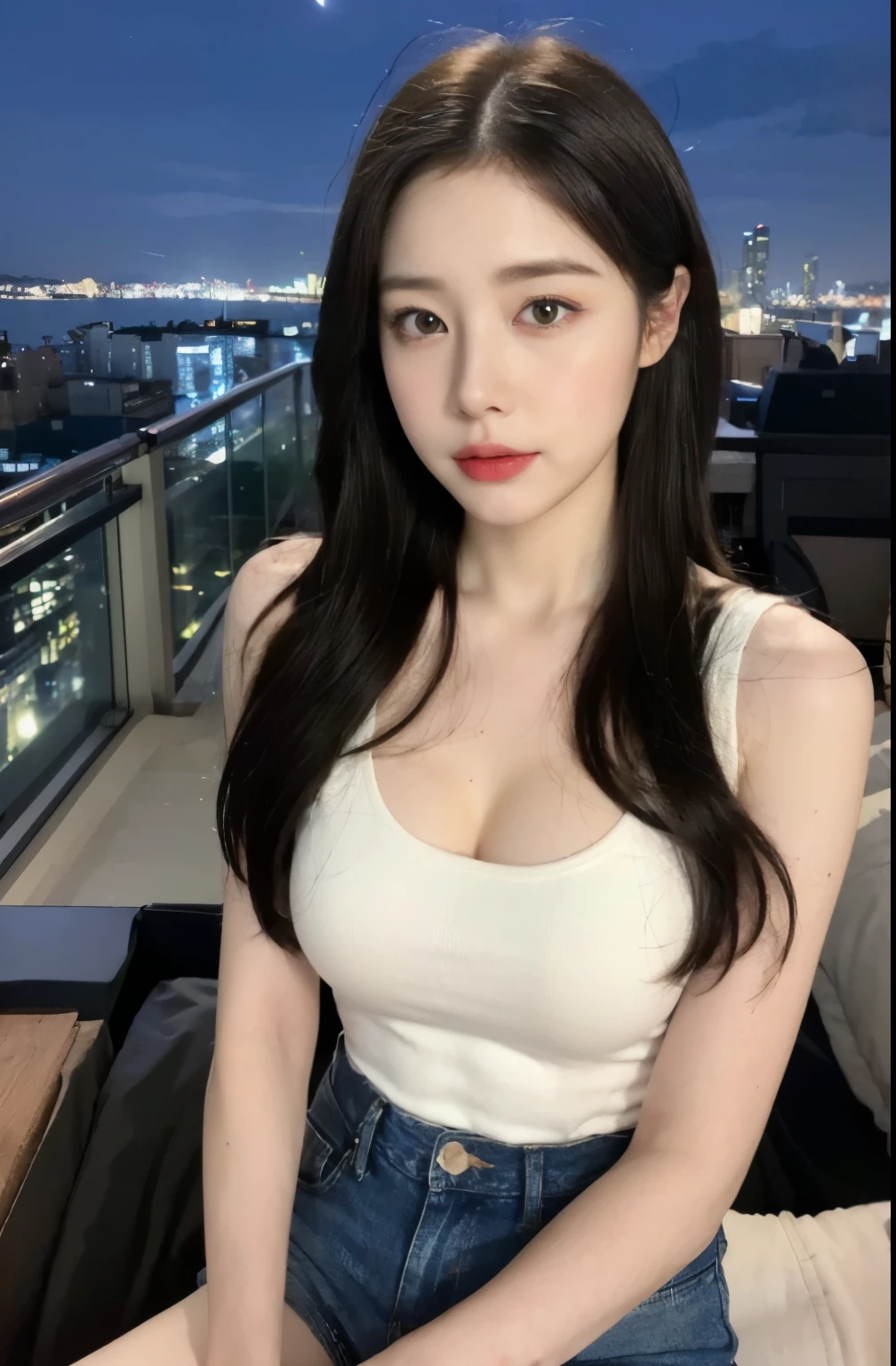 ((midnight, best quality, 8K, masterpiece :1.3)), (actual, photo-actual:1.37), (ultra high resolution:1.2),(original photo:1.2), (sharp focus:1.3), (Face focus:1.2), whole body, (Very cute and beautiful，Woman with perfect figure :1.4), (slim abs :1.1), ((Chestnut wavy hair:1.2)), ((Big breasts :1.25)), (White Tight Sleeveless Turtle Shirt:1.3), (Denim shorts:1.3), permanent, ((city night view, roof:1.3)), Highly detailed facial and skin textures, delicate eyes, double eyelids, (pale skin:1.3), Bokeh, depth of field, looking directly at the viewer,Leaks out of the entire chest