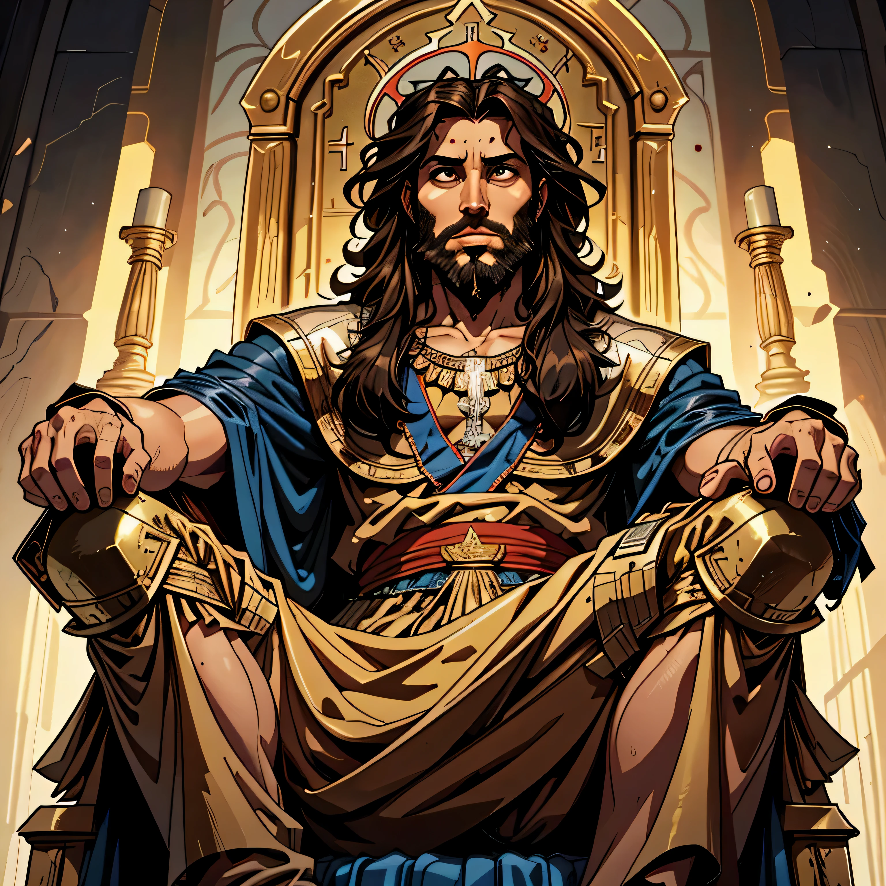 best quality image, man, 35 years old, king, biblical style, dark curly hair, thin beard, indecisive look, wearing Hebrew style king's clothes, nothing in his hands, sitting on a biblical style throne, Hebrew, biblical character