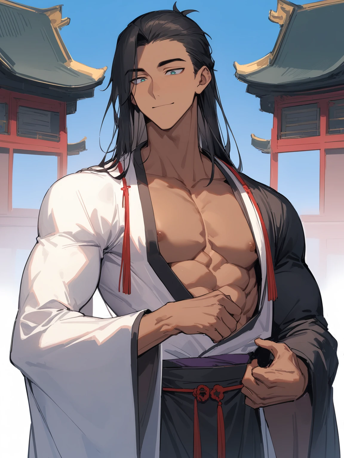 ((1girl)), black hair, (extremely long hair), yellow eyes, (((muscular))), (huge breasts), (thick thighs), solo, angry, (pale skin), sweaty, (shiny skin), ((onsen)), night sky, dark atmosphere, (((fundoshi)), ((topless)))