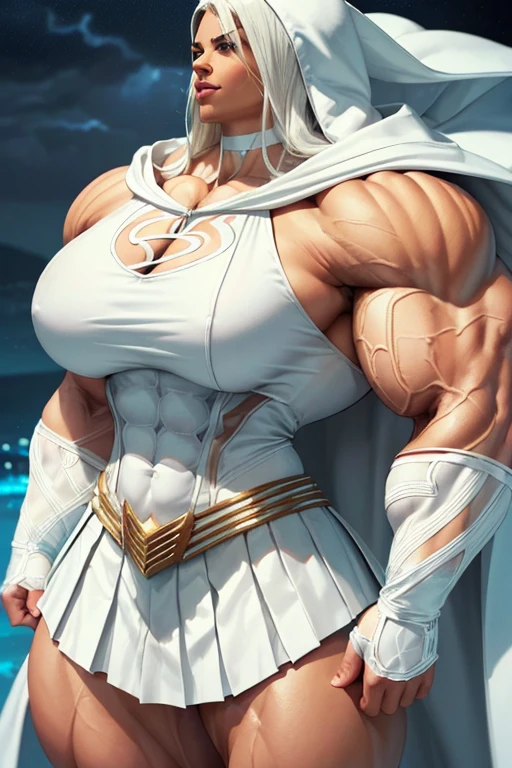 ((((Massive, tall, beautiful, buff, brown skinned muscular woman with white hair, ginormous bulky muscles and wearing a all white Shazam suit with pleated skirt and a hooded cape)))), close view, (((massive muscle))), massive biceps, hyper muscle shoulders, massive muscle arms, vascular shoulders, hyper muscle triceps, (long straight hair), blue eyes, superhero gauntlets, choker, ((in a thunderstorm island)), superhero boots, confidant smile, night, hyper vascular arms, hyper muscles arms, hyper muscle legassive arms),