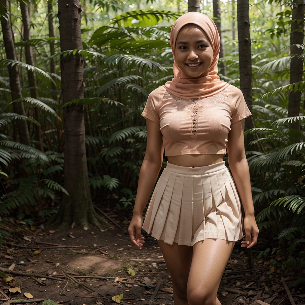 A 18 years old Indonesian woman in peach color hijab, wearing peach color lace tight t-shirt, wearing very short see-through white pleated skirt, skirtlift, villager, poor woman, darker skin, curvier body, short body, smiling and standing in a dark forest, look to the viewer with eye close