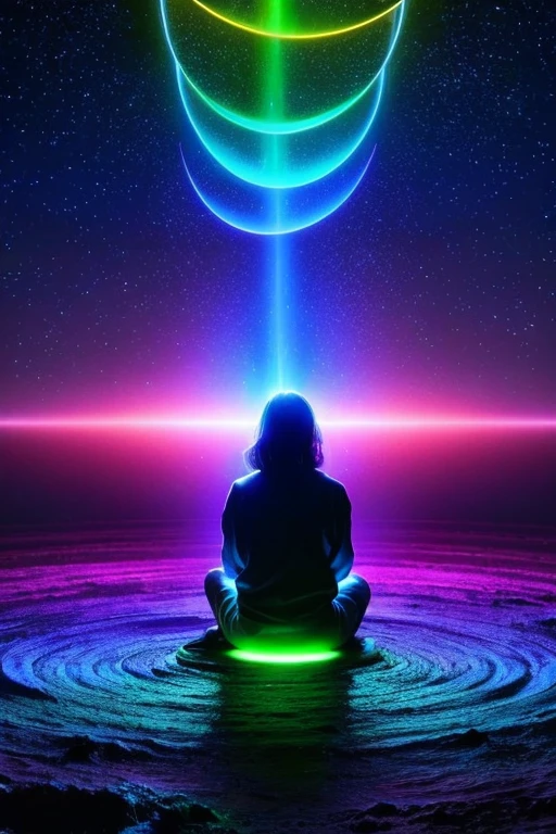 ### Japanese prompt and aura of people「Qi」A thumbnail depicting the harmony of the flow of。In the center is a figure of a person sitting quietly in meditation.、There is a colorful aura shining around it.。Released from this person「Qi」The energy of、Flowing into the surrounding space、Filling the space with fantastic colors。The background is deep purple and blue、It consists of colors such as green、It gives you a sense of spiritual energy and the mystery of the deep universe.。Balls of light and ripples of energy spread out from this person.、It represents the unity of inner and outer energies.。