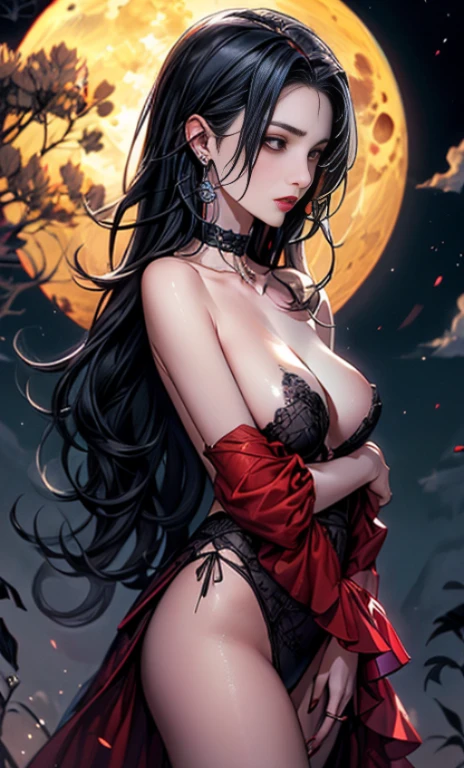 two kiss、Depth of bounds written, detailed eye, ((CG illustration)), ((face focus)), ((masterpiece)), ((8K)), ((super detailed)), ((Super high quality)), ((cinematic)), ((Photoreal)), ((close up shot)), (solo), (cool girl), very long hair, straight hair, (((thin body))), Glossy skin, ((look away)), (Beautiful goth girl with high cheeks and legs), Gothic makeup, clear eyes, lipstick, dark eye shadow, ((No bra)), choker, earrings, provoke, night, ((full moon)), ((Functional)), Lonely, Visual kei, ((pastel colour)), Unwound clothes, forget, kiss, White Knight, dark, silence