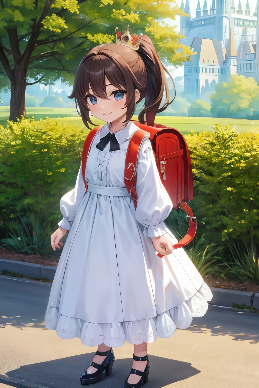 masterpiece, best quality, high resolution, extremely detailed, detailed background, cinematic lighting, 1girl, looking at viewer, wear high heel shoes, princess costume, princess dress, wear crown, looking at viewer, medium hair, smile, brown hair, puffy sleeves, outdoor, park, kingdom, ponytail, full body, wearing  randoseru backpack, ( randoseru backpack:1.1),  dress,  standing