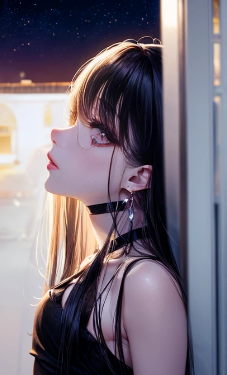 two kiss、Depth of bounds written, detailed eye, ((CG illustration)), ((face focus)), ((masterpiece)), ((8K)), ((super detailed)), ((Super high quality)), ((cinematic)), ((Photoreal)), ((close up shot)), (solo), (cool girl), very long hair, straight hair, (((thin body))), Glossy skin, ((look away)), (Beautiful goth girl with high cheeks and legs), Gothic makeup, clear eyes, lipstick, dark eye shadow, ((No bra)), choker, earrings, provoke, night, ((full moon)), ((Functional)), Lonely, Visual kei, ((pastel colour)), Unwound clothes, forget, kiss, White Knight, dark, silence